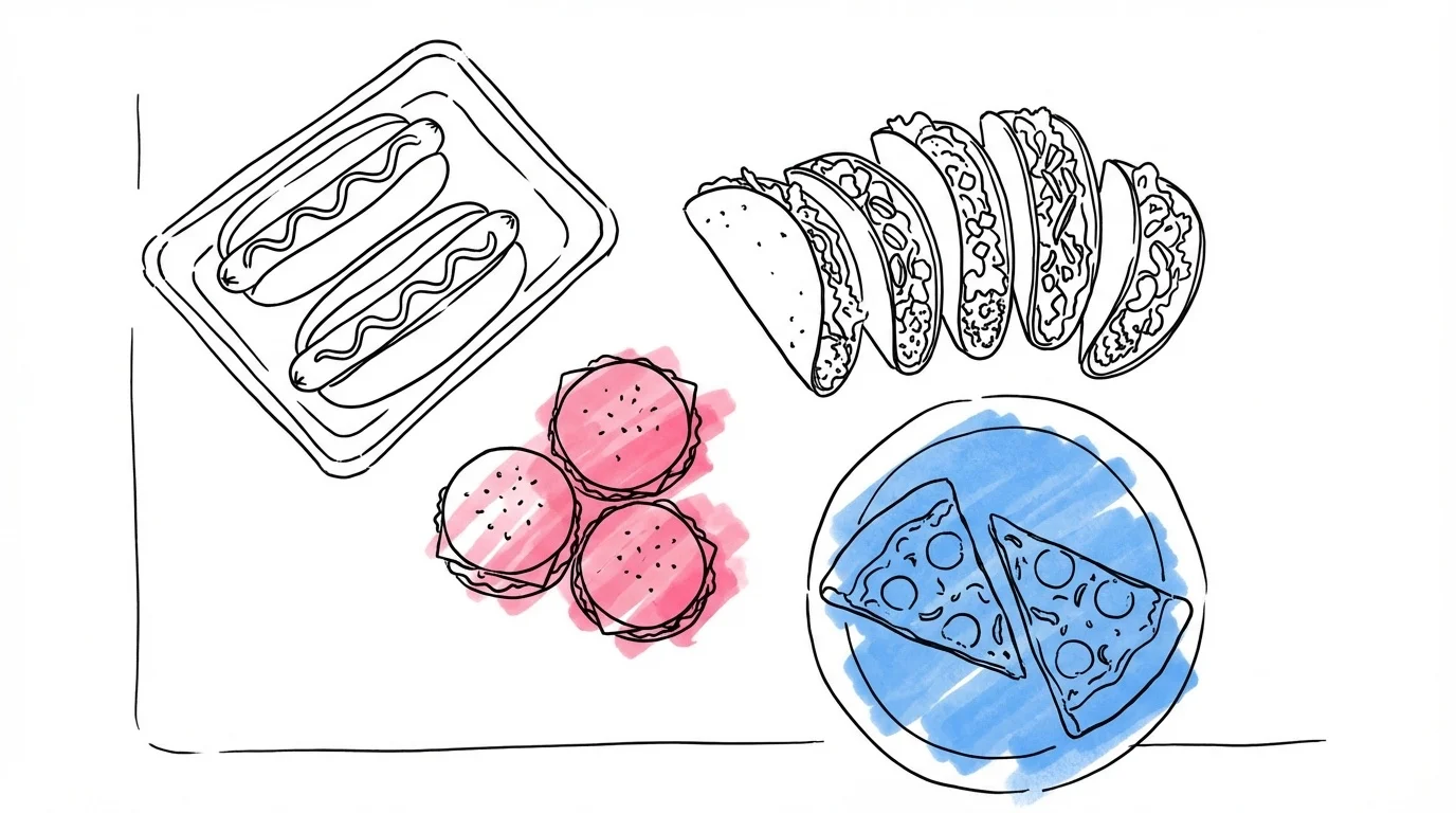Upplägg med nattamat sett ovanifrån — korvar, burgare, tacos och pizza på brickor i Lovios illustrationsstil