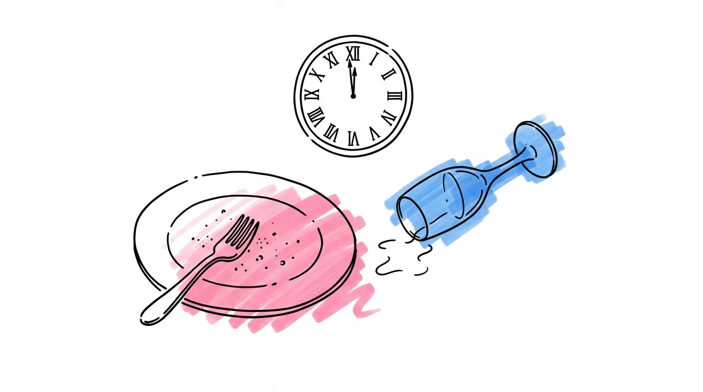 Tomt serveringsbord med smulor och en besviken gäst som sträcker sig efter en tom tallrik i Lovios illustrationsstil
