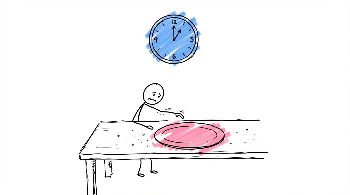 Tomt serveringsbord med smulor och en besviken gäst som sträcker sig efter en tom tallrik i Lovios illustrationsstil