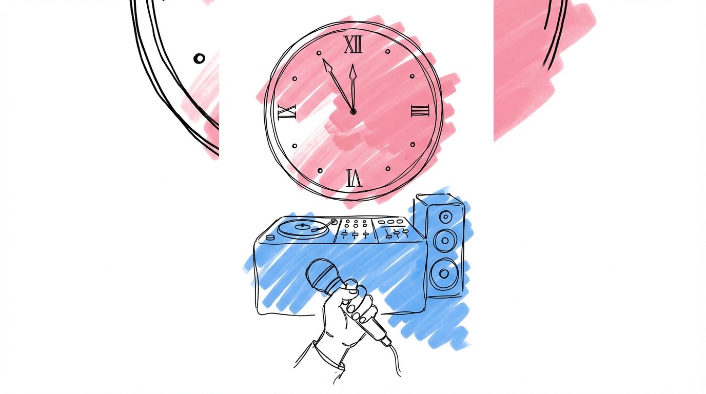 Klocka som visar 23 med DJ-bås och mikrofon i bakgrunden i Lovios illustrationsstil