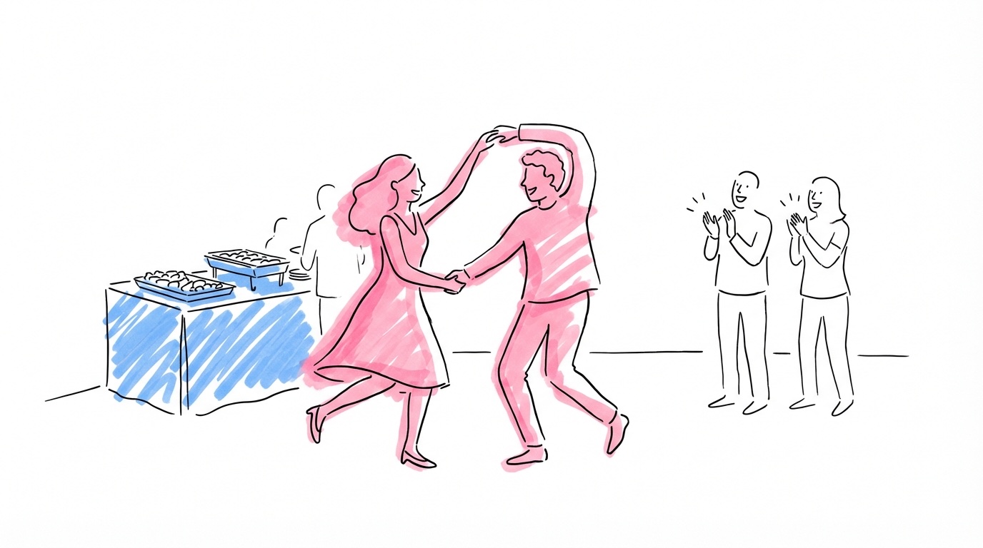 Dansgolv med glada bröllopsgäster och en matstation som dukas i bakgrunden i Lovios illustrationsstil