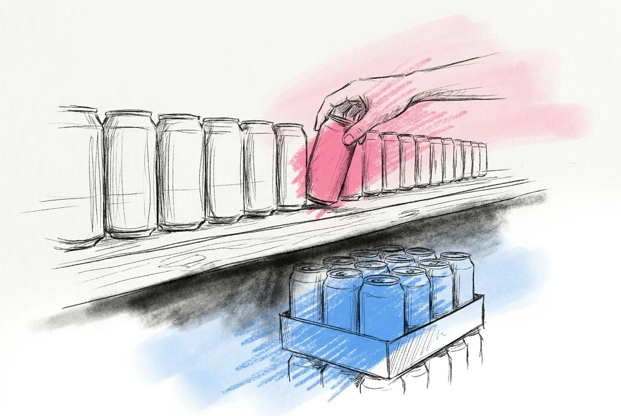 En rad ölburkar blandade utan synlig avdelare på en bardisk, en hand sträcker sig efter en burk utan att tveka — Lovios illustrationsstil