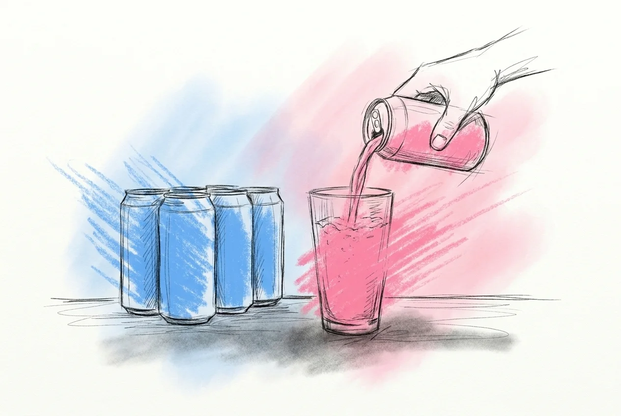 En burk öl bredvid en rad fler burkar på ett bord, en hand mid-pour häller upp öl i ett glas — Lovios illustrationsstil