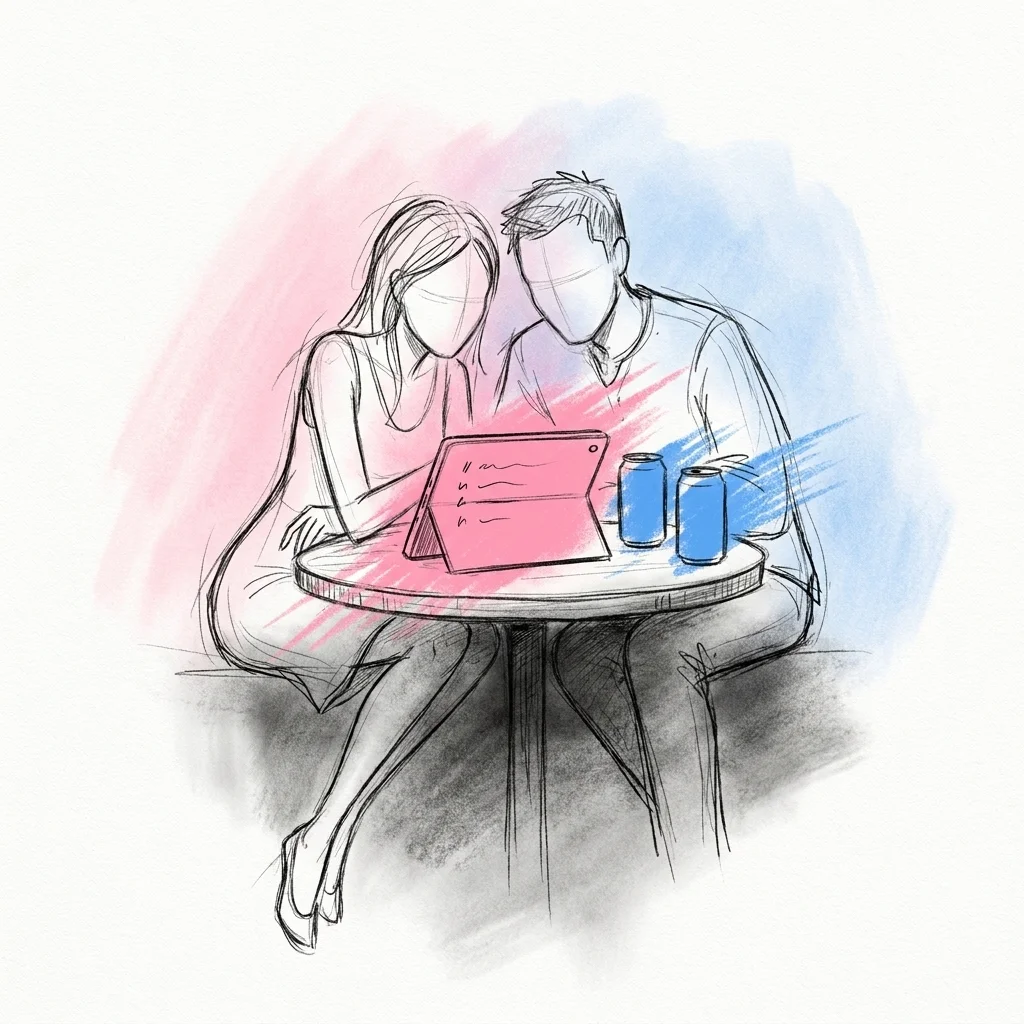 Brudpar sitter nära vid ett litet bord och tittar på en surfplatta med ett enkelt dryckeskalkylator-gränssnitt, ett par ölburkar bredvid dem — Lovios illustrationsstil