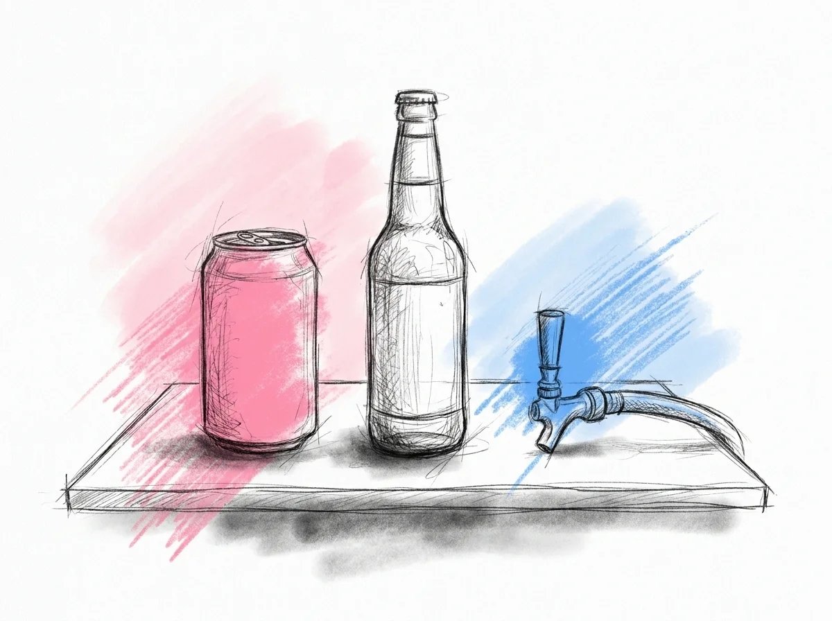 En ölburk, en ölflaska och en liten tappkran sida vid sida på ett bord, som en jämförelse mellan de tre format — Lovios illustrationsstil