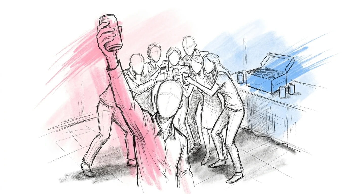 Bröllopsgäster höjer burköl i en skål på dansgolvet under kvällen, en öppnad låda burköl står redo på ett serveringsbord i bakgrunden — Lovios illustrationsstil