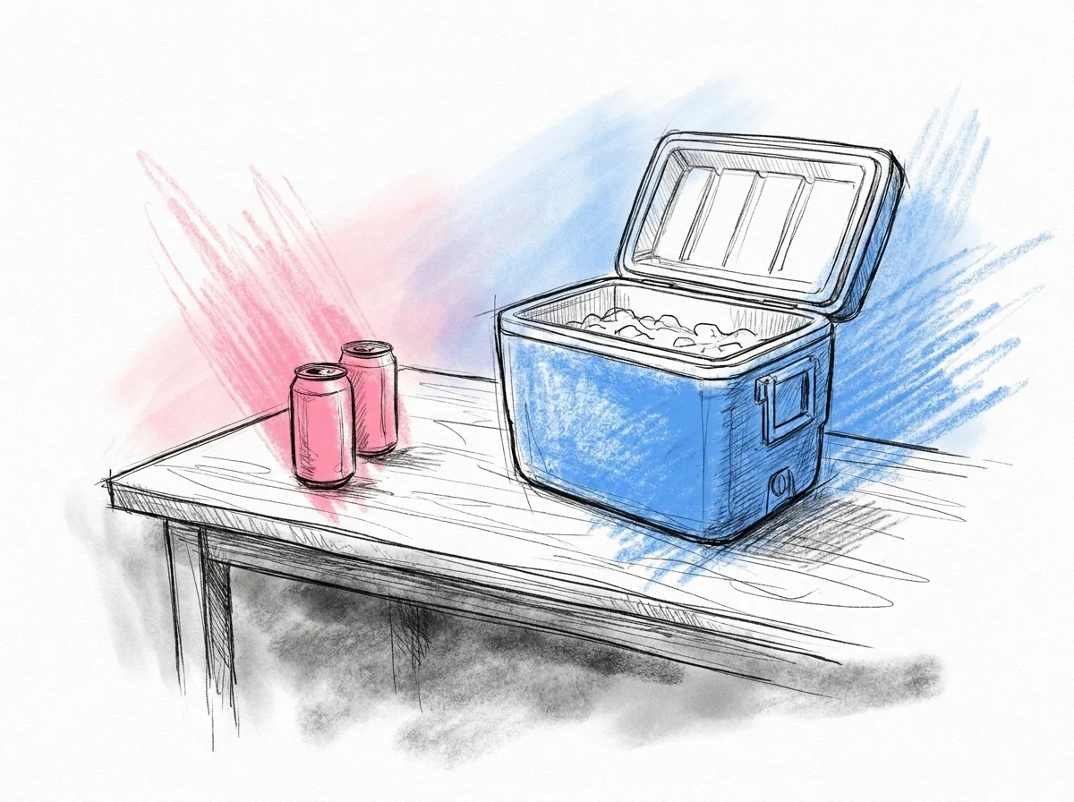 Ett serveringsbord sent på kvällen med en tömd kylbox, ett par varma outdragna burkar utanför isen och ett nästan tomt dryckesbord — Lovios illustrationsstil