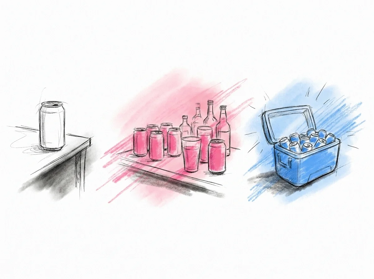 Tre små vinjetter sida vid sida: en burk öl på ett välkomstbord, ett fullare barupplägg med flera burkar och glas till en kvällsfest, och en kylbox full av burkar i starkt solljus utomhus — Lovios illustrationsstil