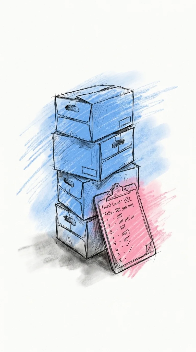 En hög stack av öllådor bredvid ett clipboard med handskriven gästräkning, organiserat och redo för en leverans — Lovios illustrationsstil