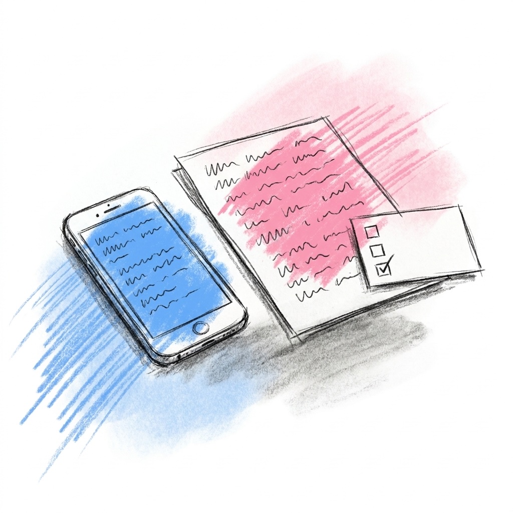 En telefon som visar ett kort textdokument bredvid ett utskrivet sångblad på ett bord, med ett litet schemakort där en rad är avbockad, lugn och redo att användas, i Lovios rosa och blå illustrationsstil