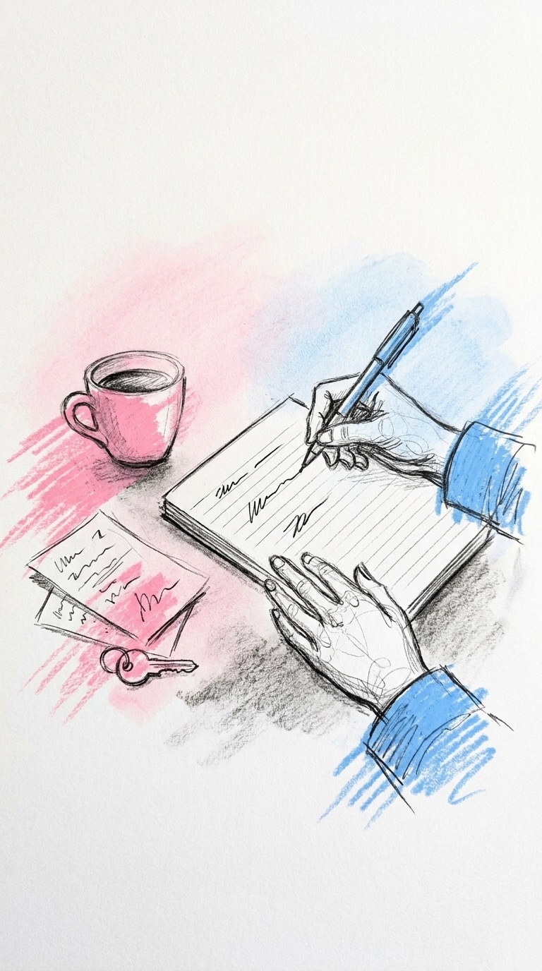 Närbild uppifrån på händer som skriver på linjerat papper med några handskrivna rimpar, en liten kaffekopp och lösa lappar med en nyckel och en soffa skissade bredvid, i Lovios rosa och blå illustrationsstil