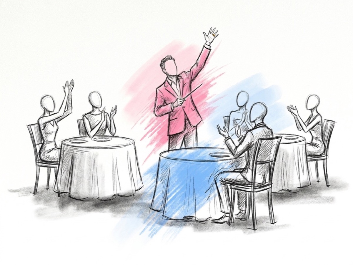 Fyra små grupper av gäster vid separata bord räcker upp en hand i tur och ordning som på given signal, en toastmaster i mitten dirigerar med ena armen i luften, i Lovios rosa och blå illustrationsstil