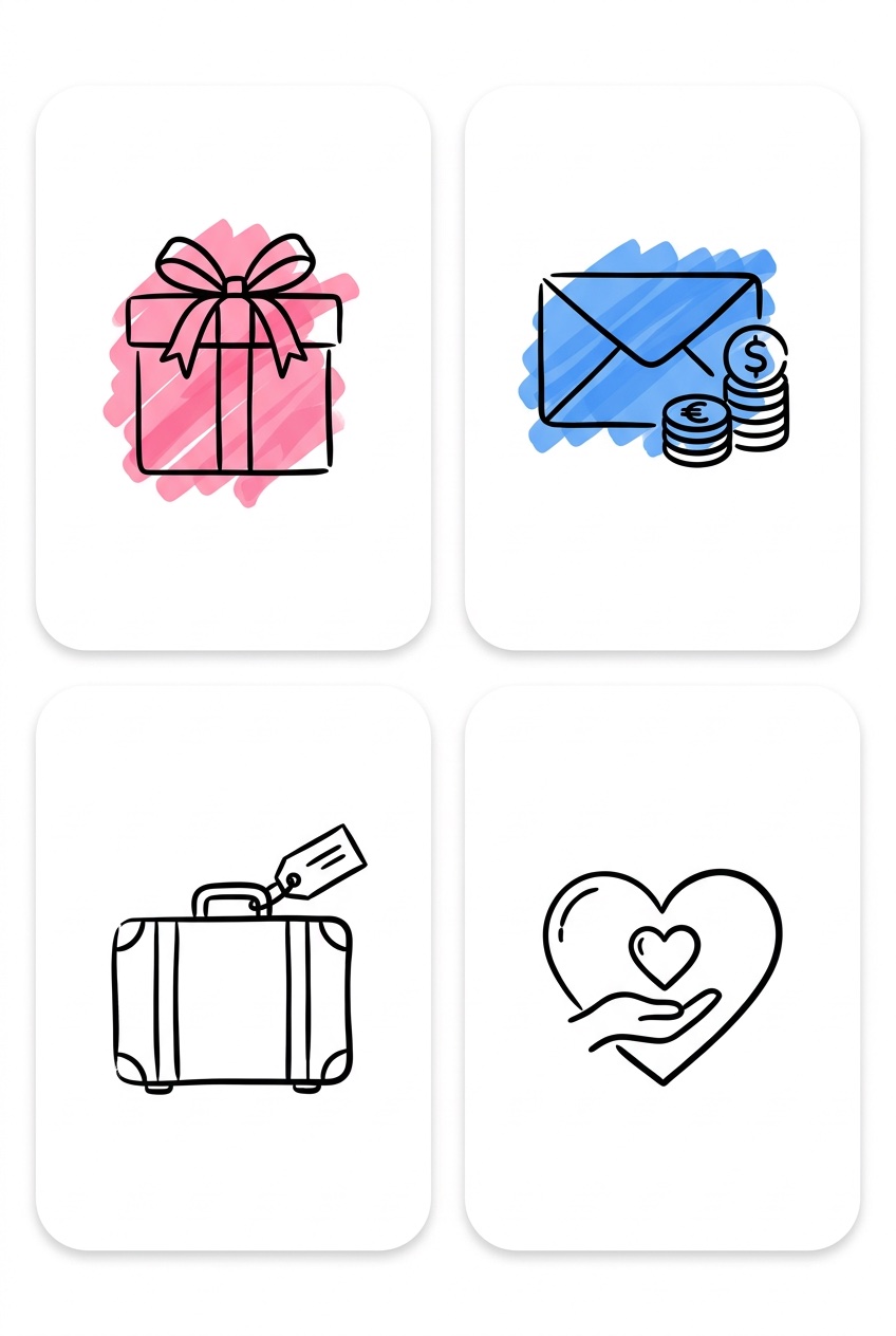 Fyra alternativ för bröllopsönskelista: presenter, pengar, upplevelser och donationer