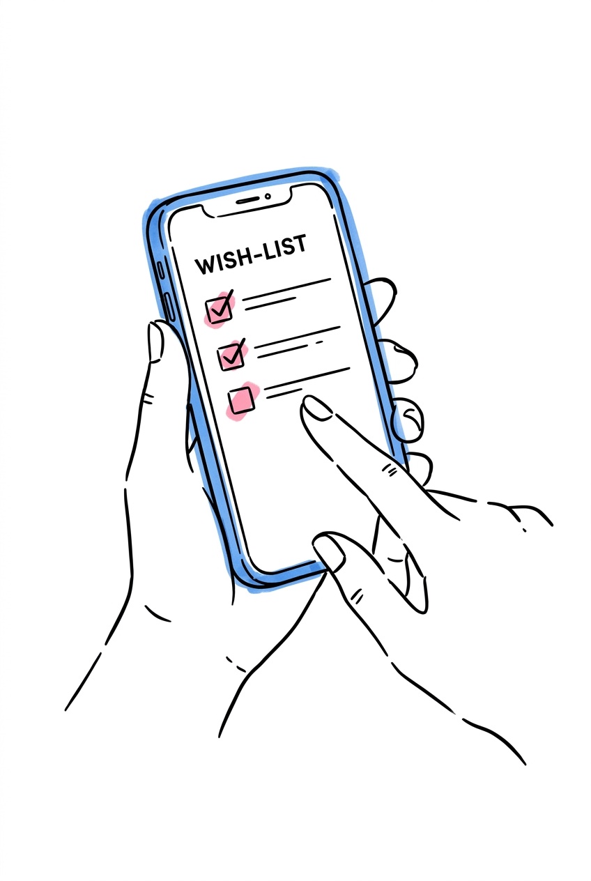 Telefon med en önskeliste-app öppen – digital bröllopslista