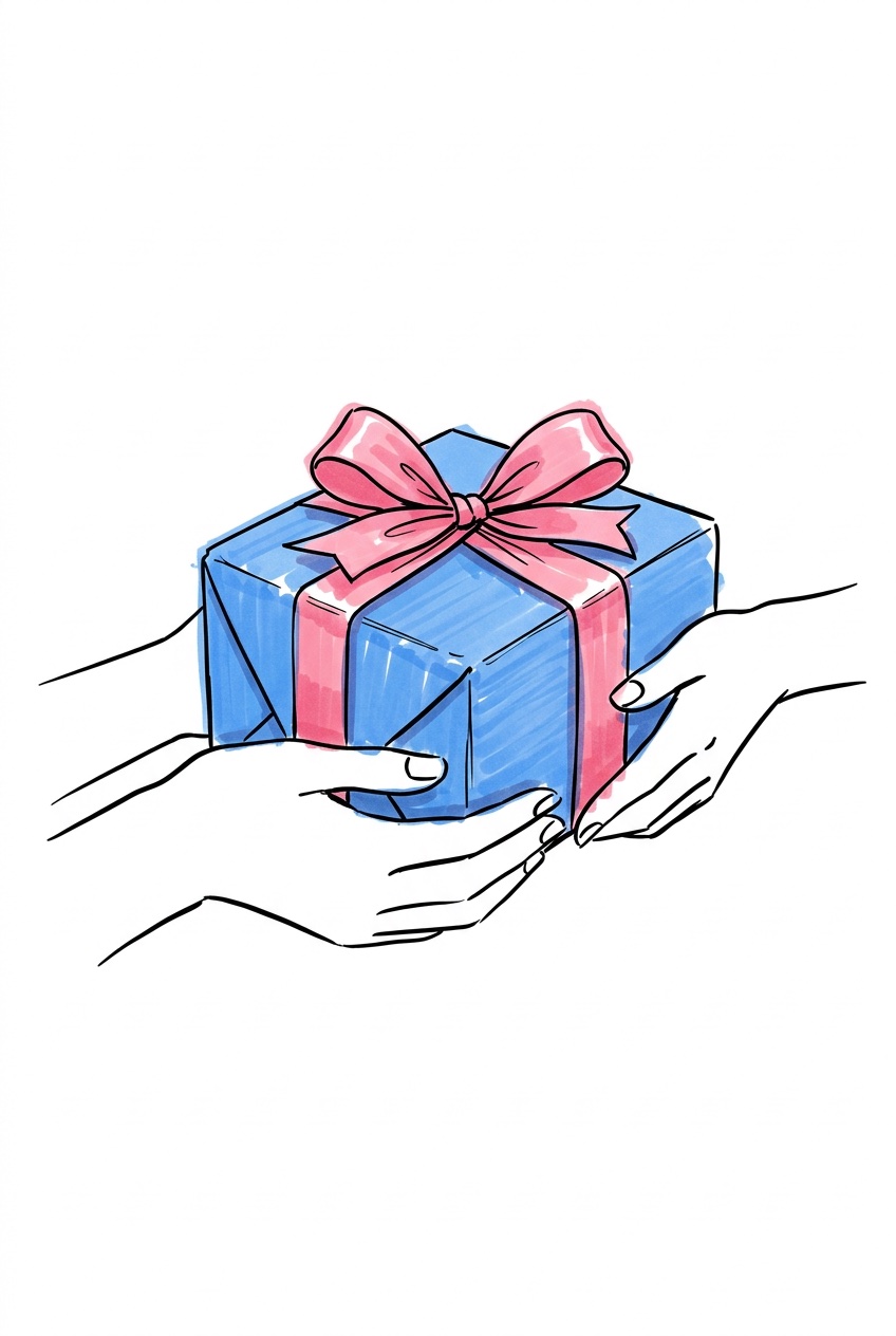 Händer som håller i ett snyggt inslaget presentpaket med bröllopsband