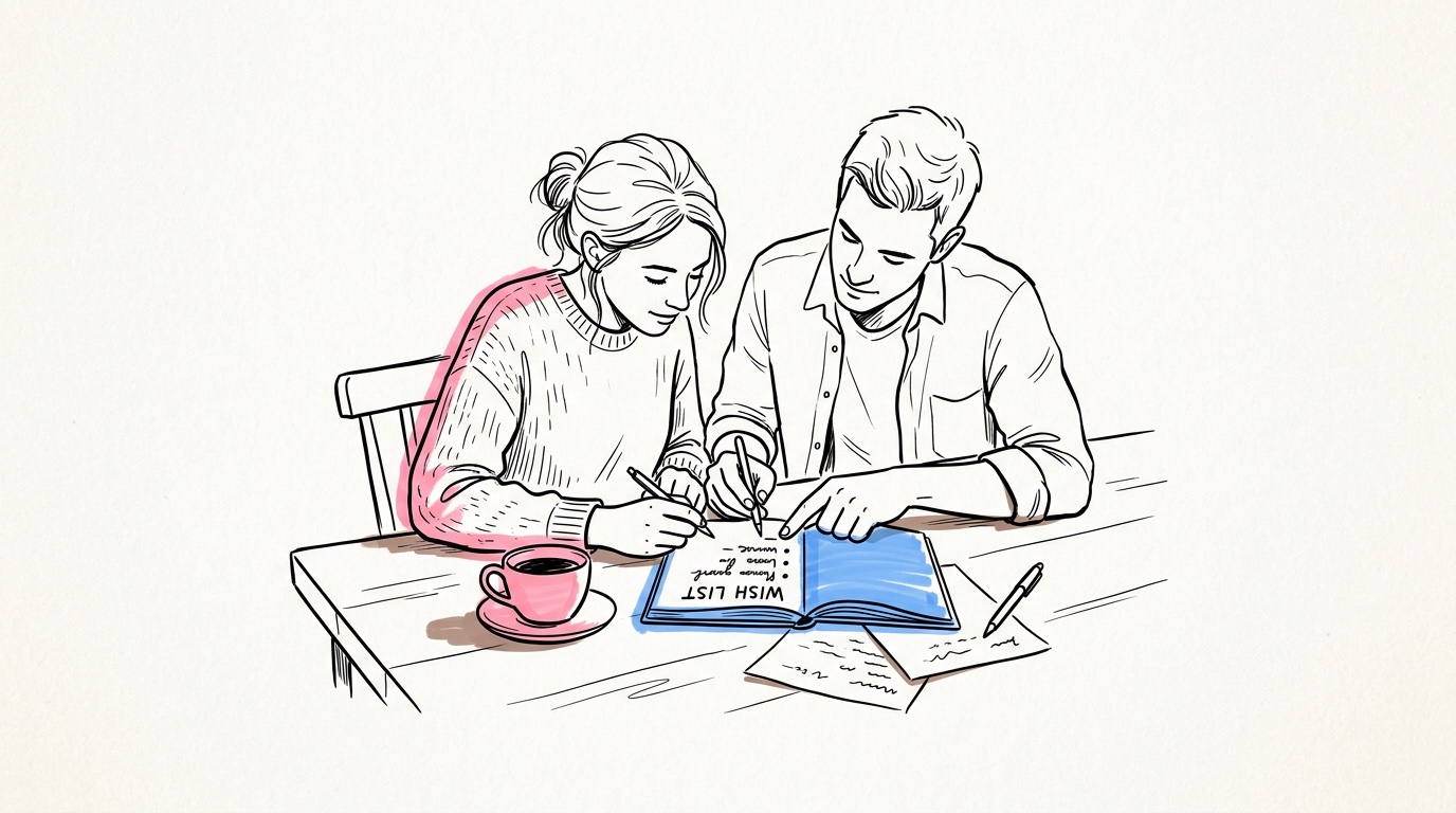 Par som sitter vid ett bord och skriver en önskelista tillsammans