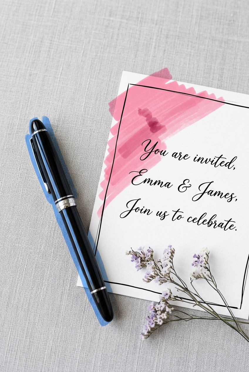 Närbild på en elegant bröllopsinbjudan med handskrift