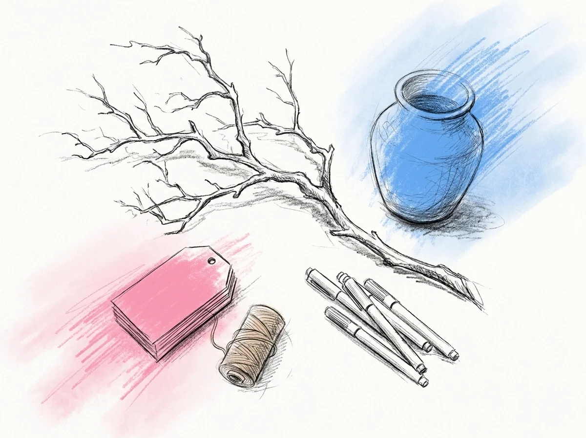 Ett flatlay av materialet som behövs för stationen: en bar gren, en vas, en trave blanka papperstaggar, en rulle snöre och en handfull markers