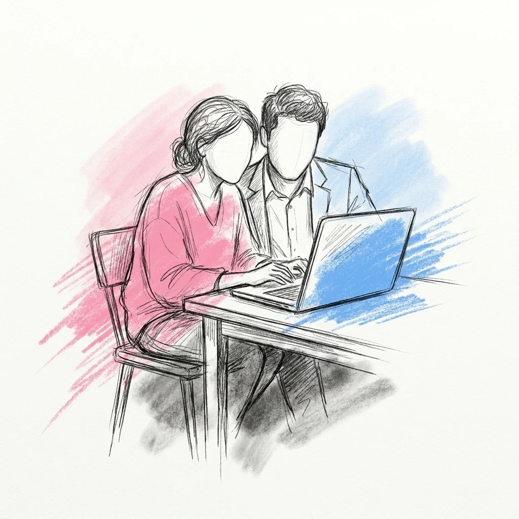 Ett par ler tillsammans framför en laptop medan de granskar sitt färdiga regeldokument