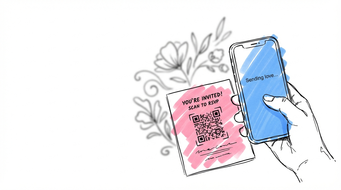 Person som skickar OSA-länk via mobil med QR-kod på inbjudan