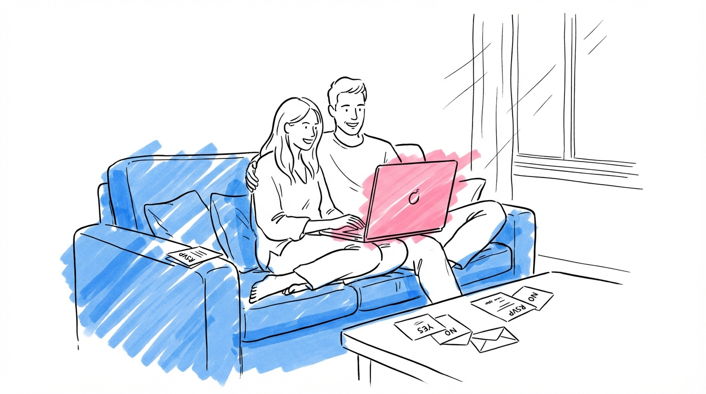 Par som går igenom OSA-svar på laptop inför bröllopet