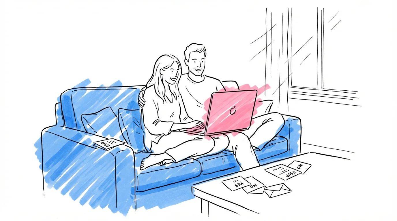 Par som går igenom OSA-svar på laptop inför bröllopet