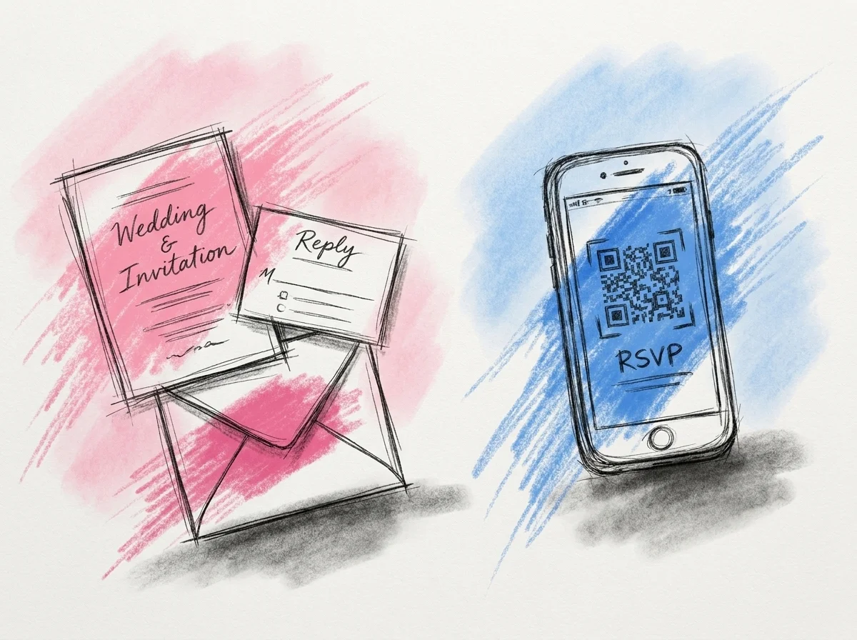 Pappersinbjudan med svarstalong och kuvert bredvid en telefon med QR-kod och svarsskärm, i Lovios stil