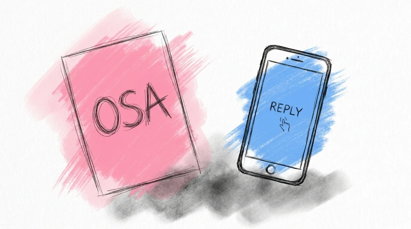 Bröllopsinbjudan med bokstäverna OSA bredvid en telefon som visar ett enkelt svar i Lovios rosa och blå illustrationsstil