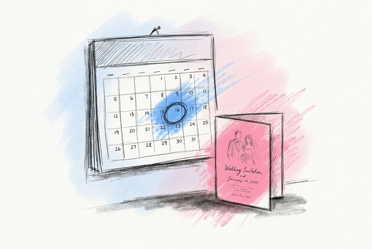 Väggkalender med ett deadline-datum inringat och en liten inbjudan bredvid, i Lovios stil