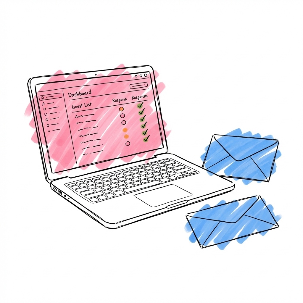 Laptop med gästlista och svarsstatus — bekräftade och väntande gäster — omgiven av kuvert i Lovios stil