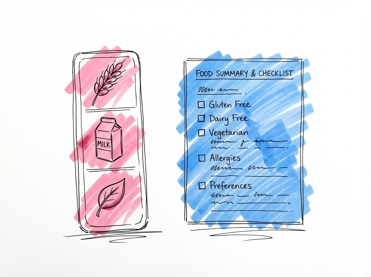 Formulär med matikoner — veteax, mjölkkartong och ett löv för veganskt — bredvid en sammanställd lista i Lovios stil