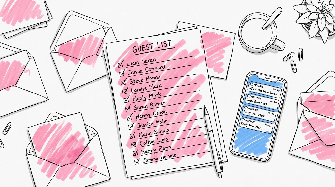 Skrivbord med gästlista, kuvert och telefon som visar inkommande OSA-svar i Lovios rosa och blå illustrationsstil