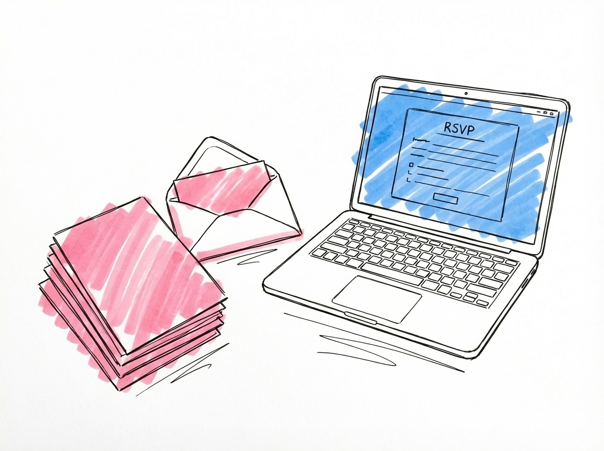 Bröllopseinbjudningar bredvid en laptop som visar ett digitalt OSA-formulär i Lovios stil