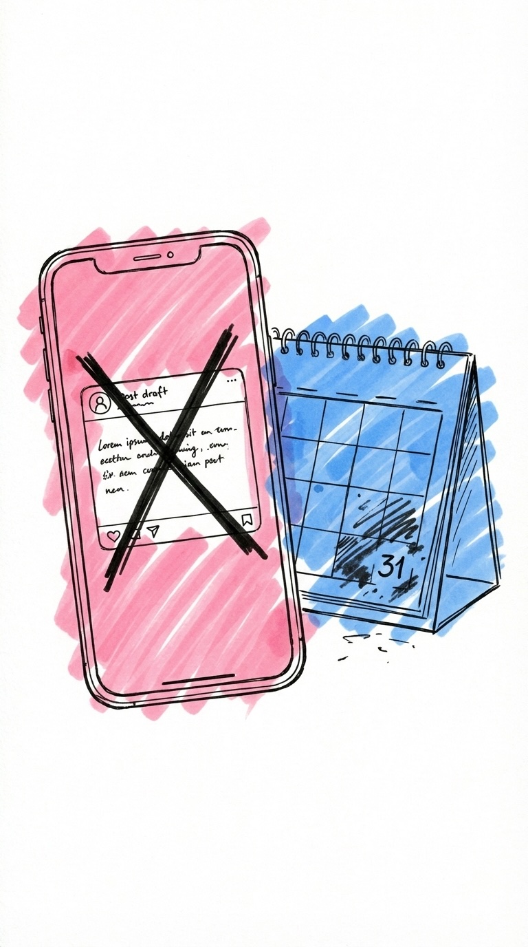 Telefonskärm med ett utkast till sociala medier-inlägg som stryks över, bredvid en kalender med en deadline som suddas ut i Lovios stil