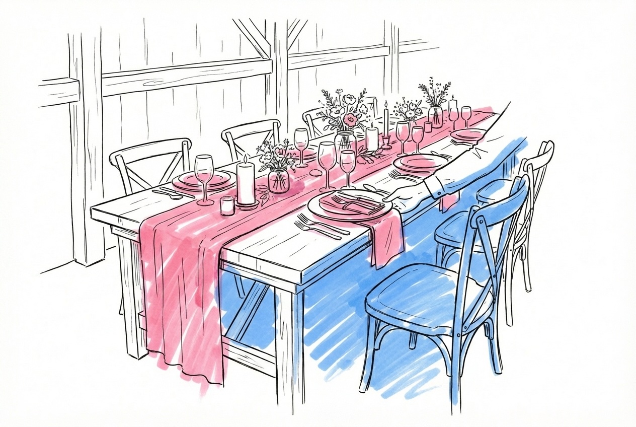 Middagsbord dukat för fest med en tom stol och ett bortplockat kuvert i Lovios stil