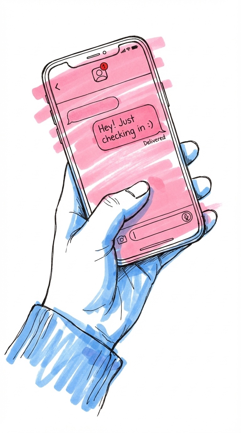 Hand som håller en telefon med ett SMS-samtal och en liten notifikationssymbol i Lovios stil