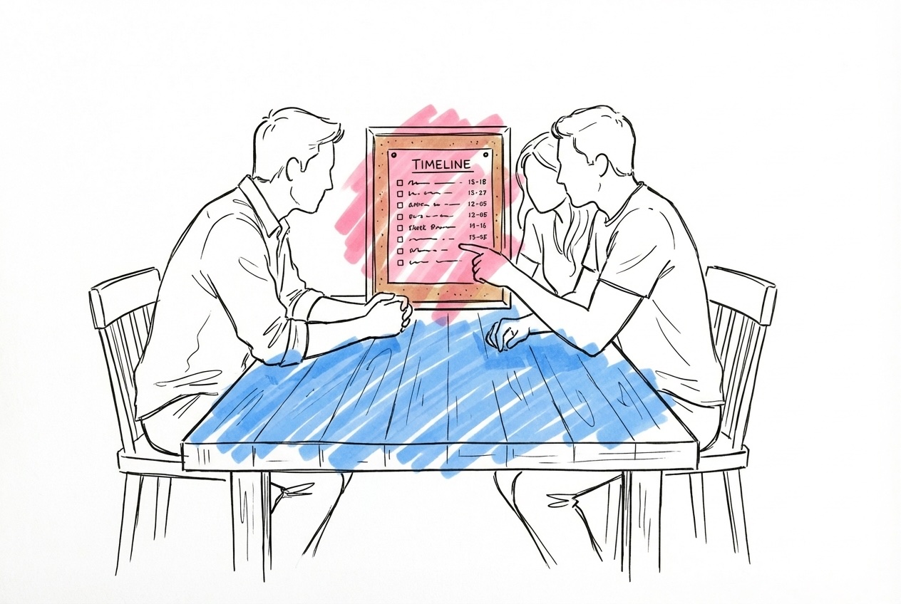 Par som sitter vid ett bord och granskar en tidslinje och checklista för OSA-uppföljning i Lovios stil