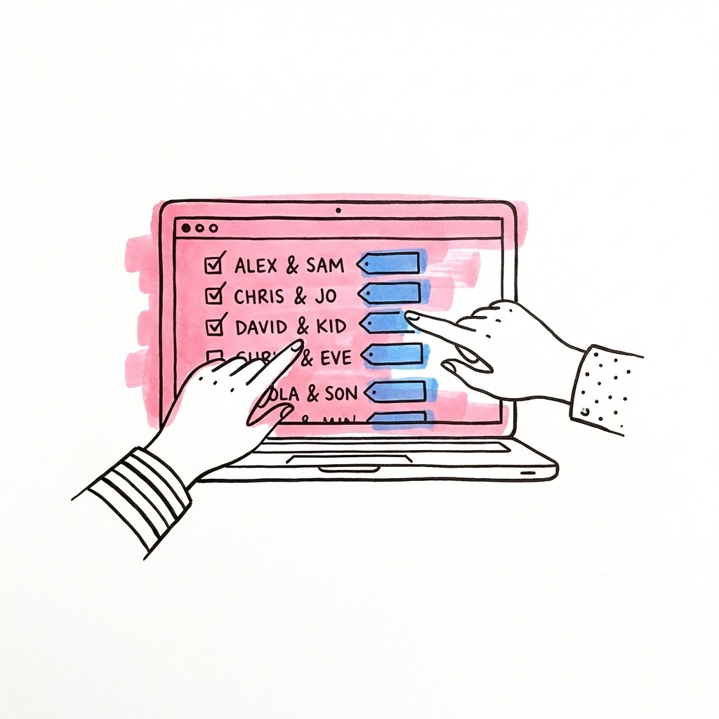 Laptop som visar en gästlista med checkmarkeringar och etiketter, ett par som pekar på skärmen tillsammans