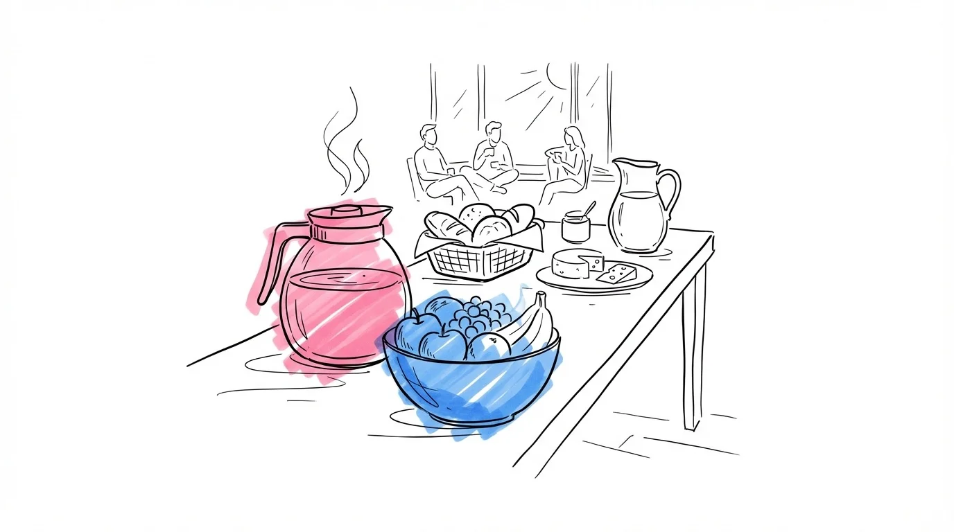 Rustik frukostbuffé med kaffe, bröd, ost, frukt och juice, gäster som sitter avslappnat i morgonljus