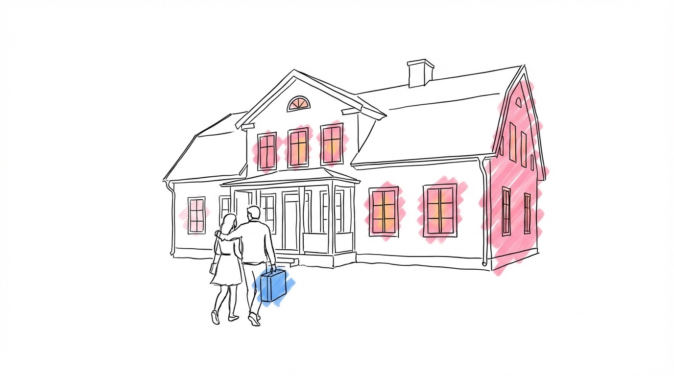 Bröllop med övernattning — svensk herrgård i skymningen med upplysta fönster, ett par som går mot entrén med resväskor och gäster som anländer