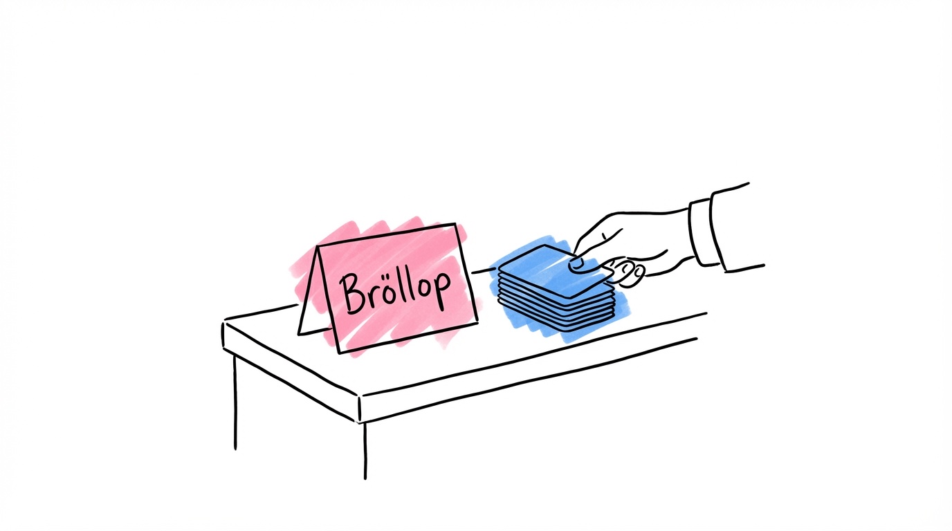 Hotellreception med en liten skylt som säger Bröllop och en hand som sträcker sig efter ett nyckelkort