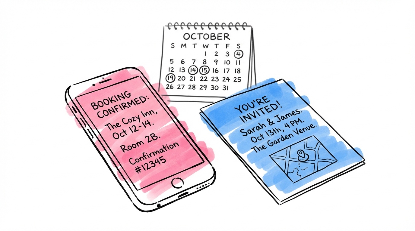 Smartphone med boendemeddelande bredvid tryckt inbjudningskort med karta och kalender i bakgrunden