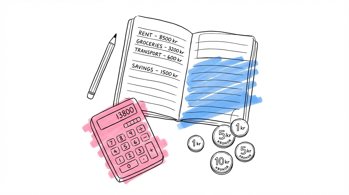 Miniräknare med budgetsiffror, penna och svenska kronor utspridda på ett bord i platt bildkomposition