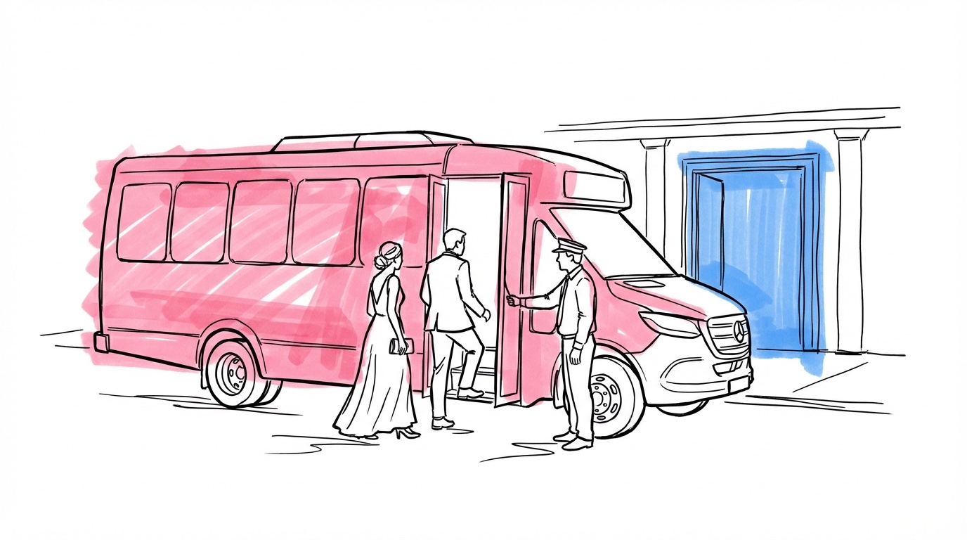 Minibuss parkerad utanför en bröllopslokal på kvällen med uppklädda gäster som stiger ombord