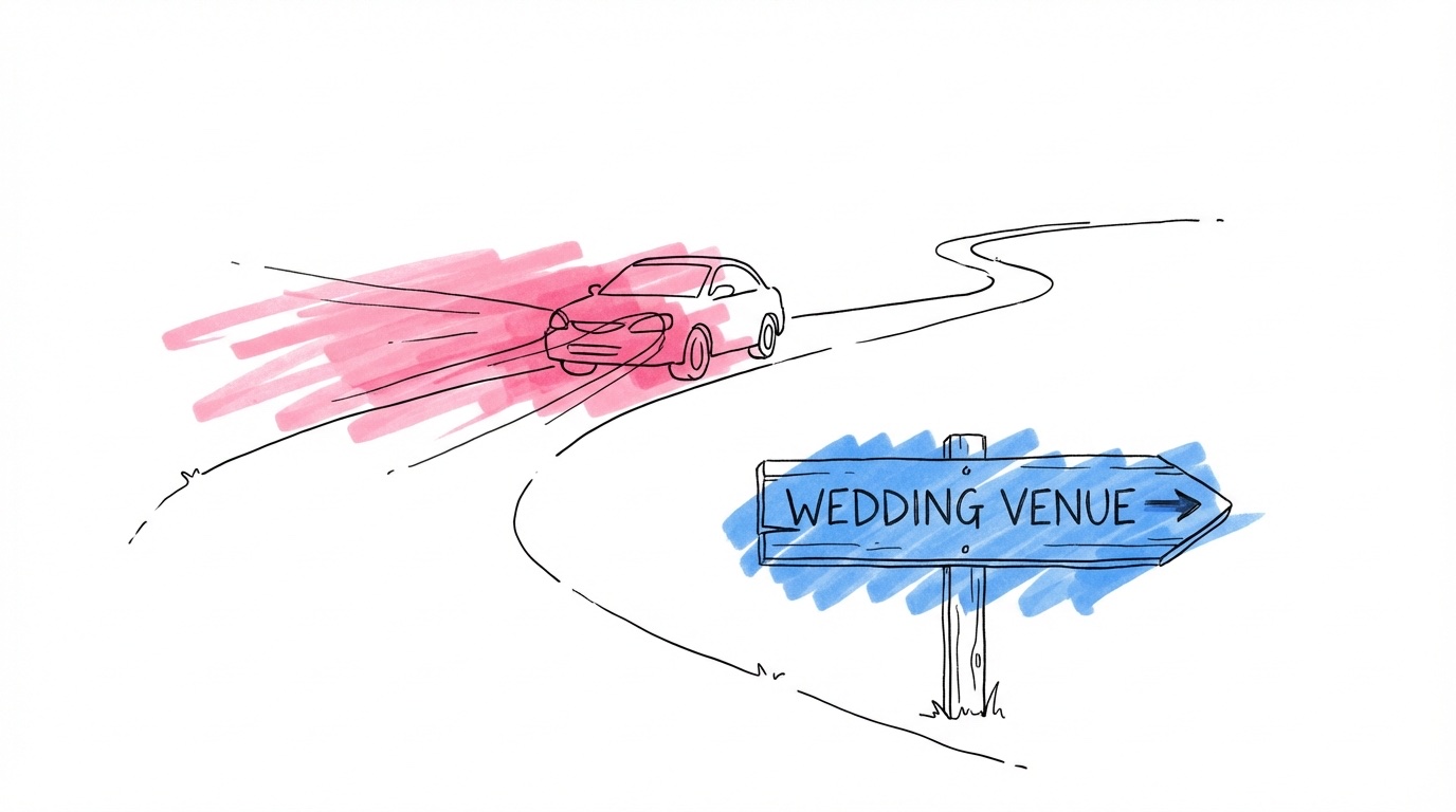 Slingrande landsväg i mörkret med billjus i fjärran och en skylt som pekar mot en bröllopslokal