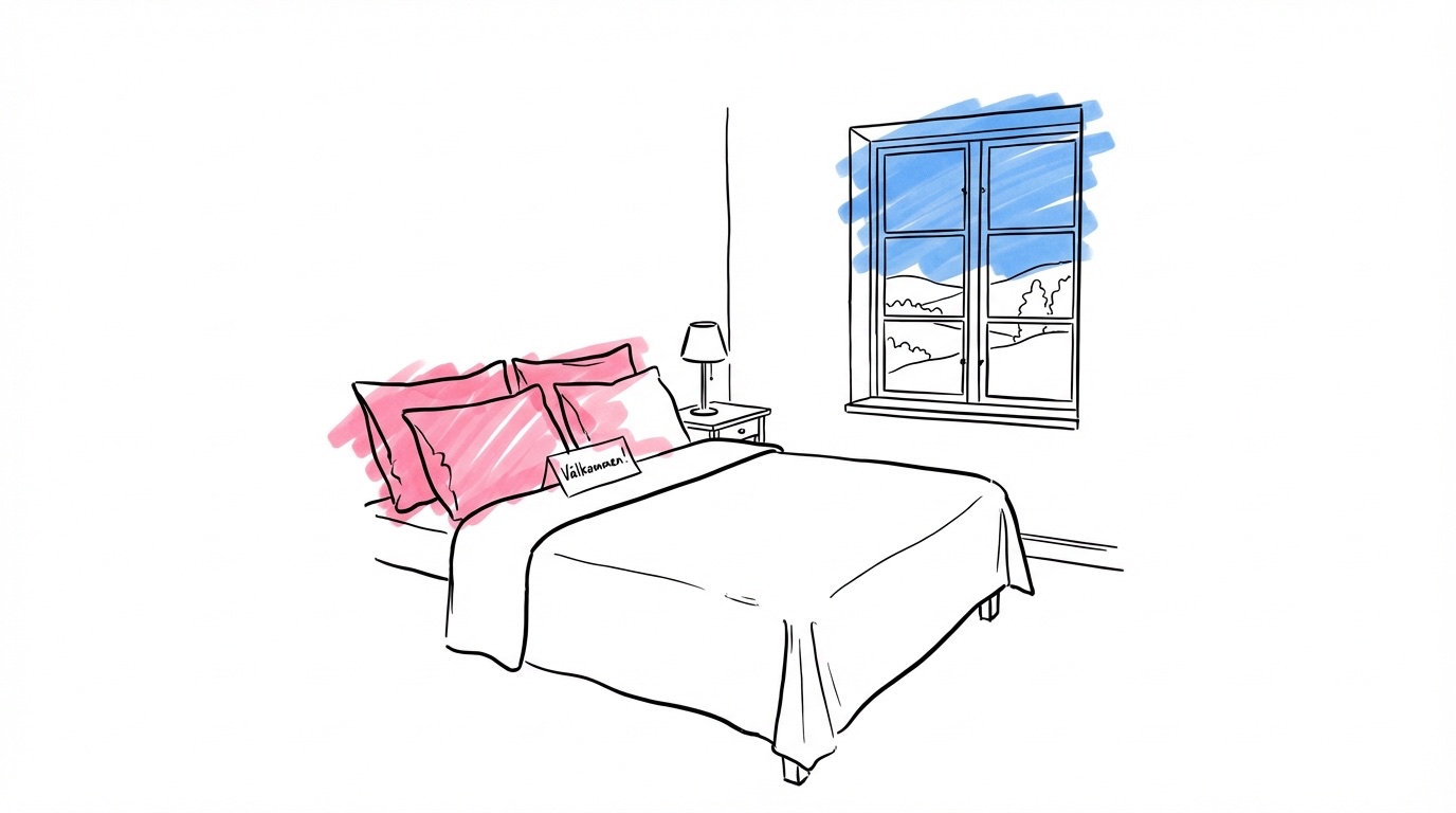 Mysigt gästrum i en svensk herrgård med bäddad säng, fönster mot landskap och välkomstbrev på nattduksbordet