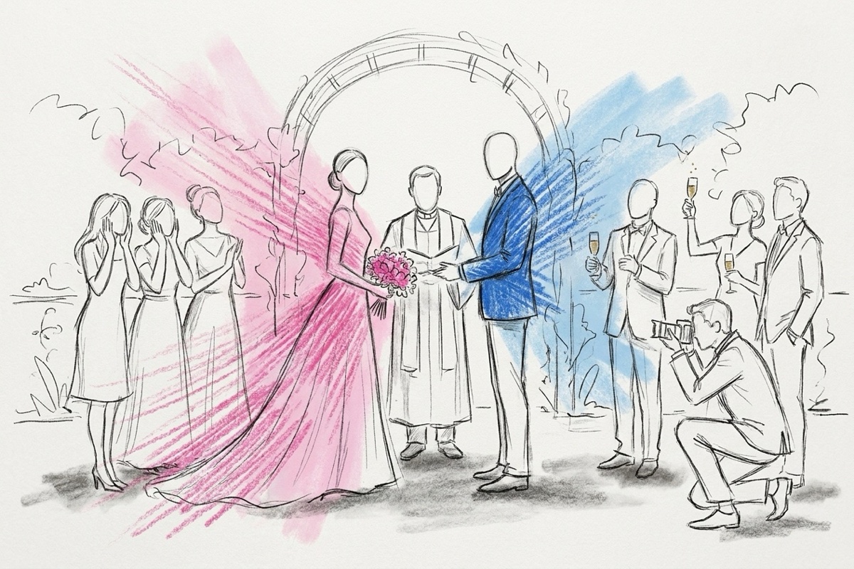Ett par framför en vigselförrättare med gäster i en halvcirkel som tittar förvånat och höjer glas, och en fotograf vid sidan, i Lovios rosa och blå illustrationsstil