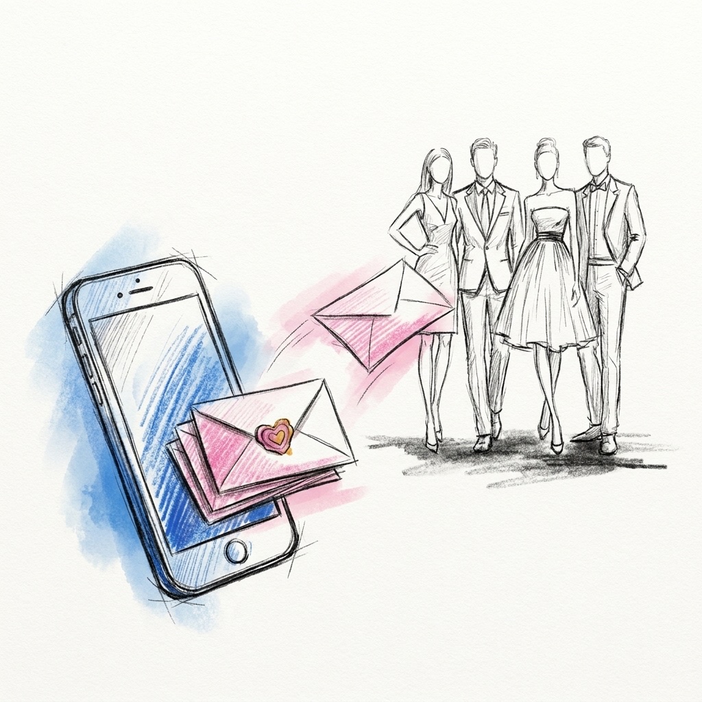 En mobil som skickar iväg kuvert mot en liten grupp festklädda gäster, med ett hjärtformat sigill, i Lovios rosa och blå illustrationsstil