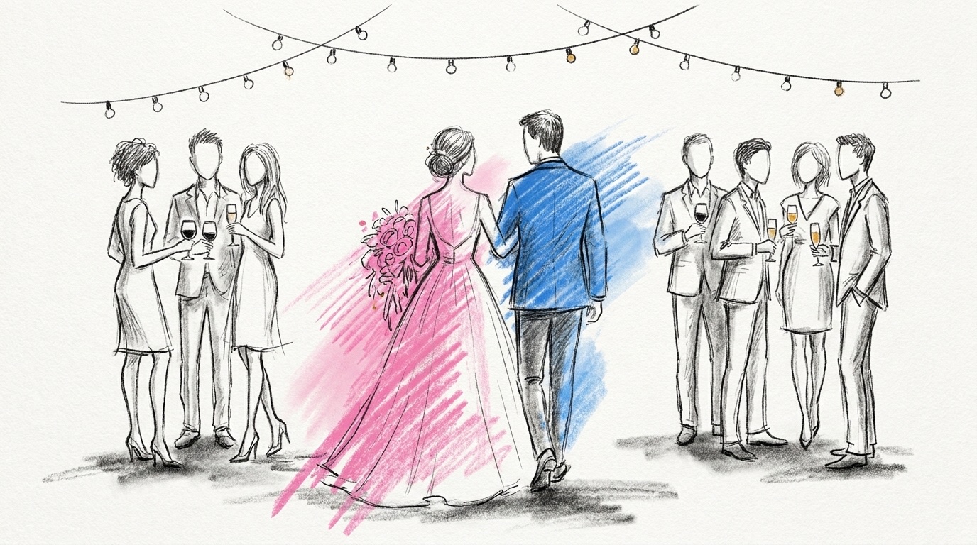 Överraskningsbröllop: gäster på en trädgårdsfest med ljusslingor medan ett par i bröllopskläder står redo att kliva fram, i Lovios rosa och blå illustrationsstil
