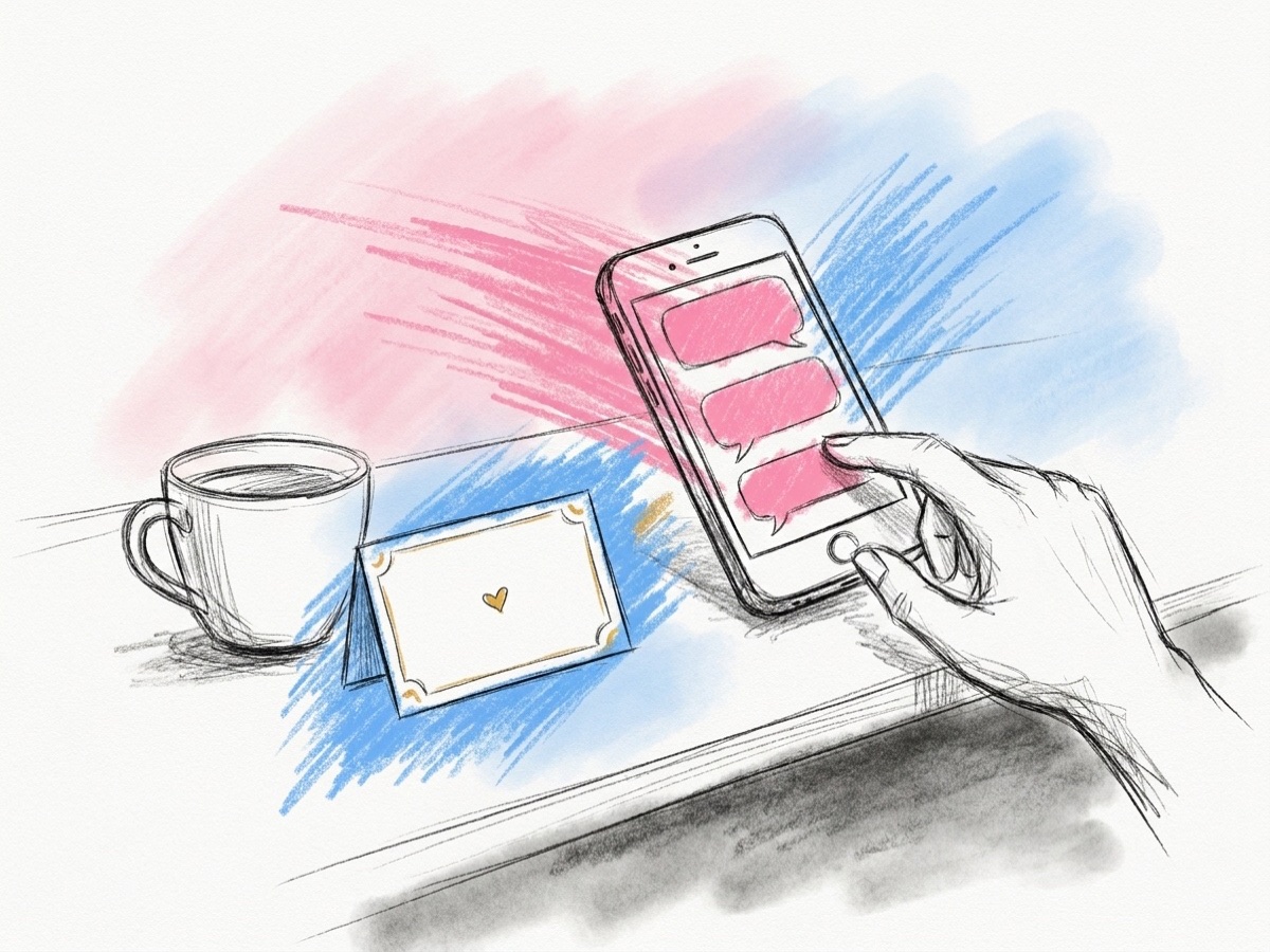 En mobiltelefon med tre tomma pratbubblor bredvid ett inbjudningskort och en kaffekopp, med en hand som trycker på skicka, i Lovios rosa och blå illustrationsstil